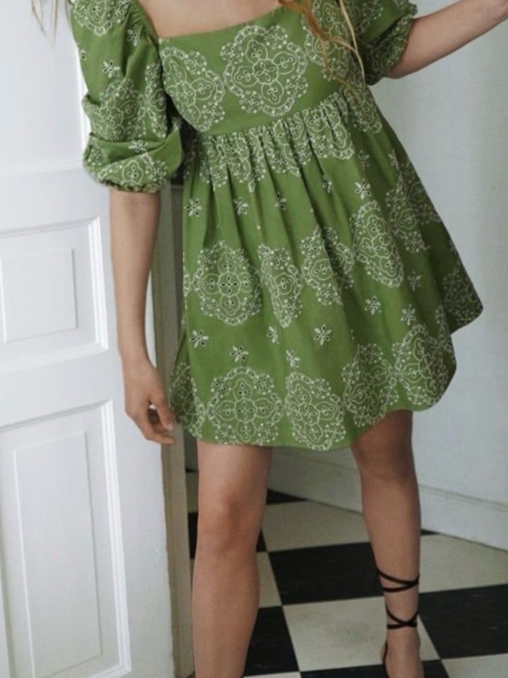 Zara Olive Green Eyelet-Embroidered Puff Sleeve Mini Dress Size L